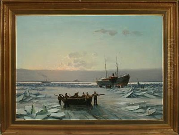 Ice Winter With A Stranded Ship In The Ice Oil Painting by Carl Johann Neumann