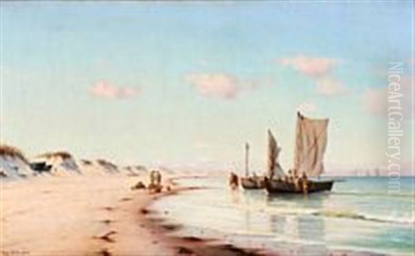 Fishermen Returning With Their Catch Oil Painting by Johan Jens Neumann