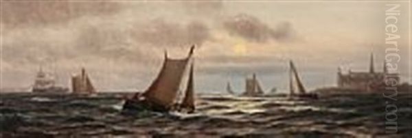 Heering Boats On The Sea An August Evening At Moonrise Oil Painting by Johan Jens Neumann