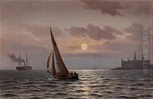 Sailing Ships Out Shore Kronborg Castle In Denmark Oil Painting by Johan Jens Neumann