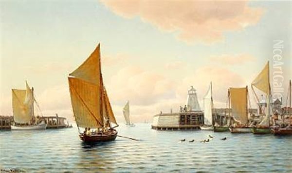 Scenery From Gilleleje Harbour With Sailing Boats And Ducks Oil Painting by Johan Jens Neumann