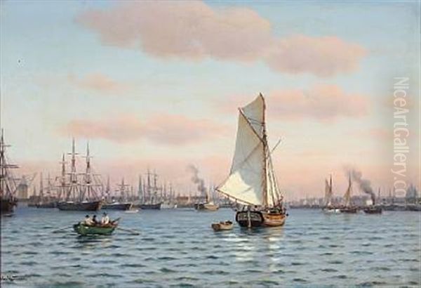 Numerous Sailing Ships In The Port Of Copenhagen Oil Painting by Johan Jens Neumann