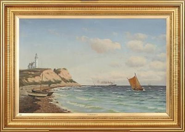 Along The Coast With Dunes And Lighthouse Oil Painting by Johan Jens Neumann