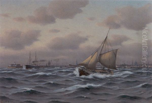 Marine Med Skibe Udfor Kobenhavns Oil Painting by Johan Jens Neumann