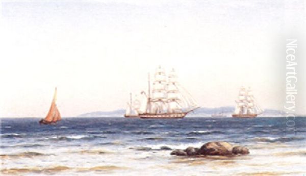 Marine Med Sejlskibe Oil Painting by Johan Jens Neumann