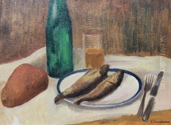 Still Life With Fish & Wine Oil Painting by Ernst Neumann