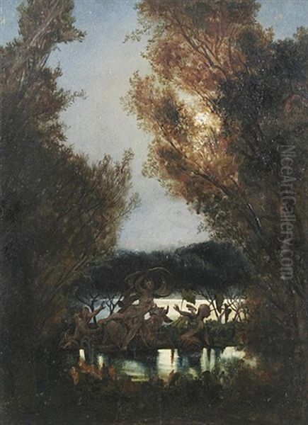 Waldinneres Mit Flus Und Mythologischer Szene (jupiter, Der In Gestalt Eines Stiers Die Schone Europa Entfuhrt?) Oil Painting by Eugen Neureuther