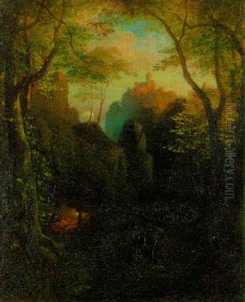 Waldlandschaft Mit Einer Burg Auf Einer Bergeskuppe In Der Ferne Oil Painting by Eugen Neureuther