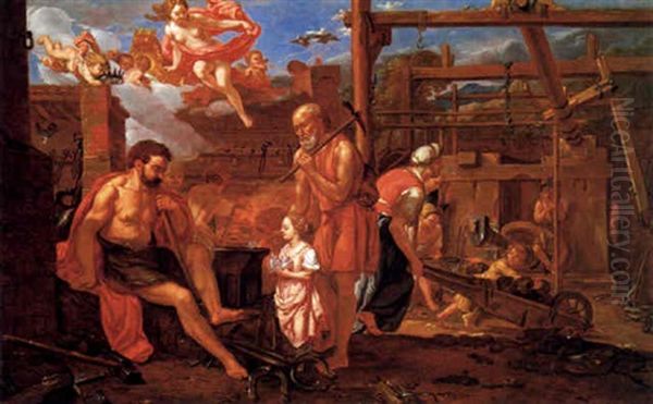 Die Schmiede Des Vulkan, Daruber Schwebt Iris, Die Schwester Des Helios Und Der Selene, Eine Allegorie Von Feuer Und Luft Oil Painting by Franciscus de Neve