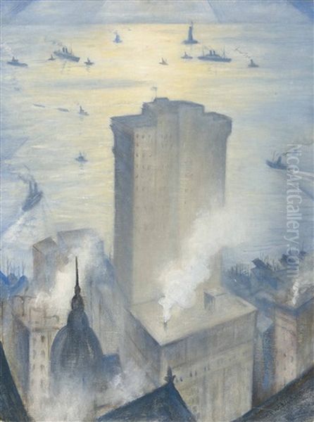 The Statue Of Liberty From The Railroad Club Oil Painting by Christopher R. Wynne Nevinson