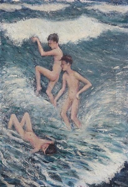 Three Boys Bathing In The Sea Oil Painting by Christopher R. Wynne Nevinson