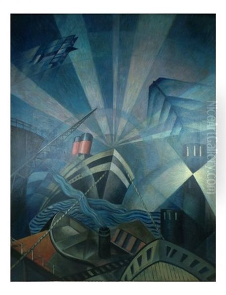 Machine Age Composition Oil Painting by Christopher R. Wynne Nevinson