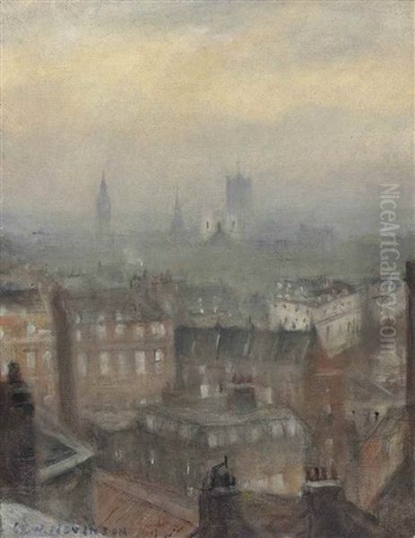 London Triumphant In The Fourth Year Of War: From The Dorchester Roof, Looking South-east Oil Painting by Christopher R. Wynne Nevinson