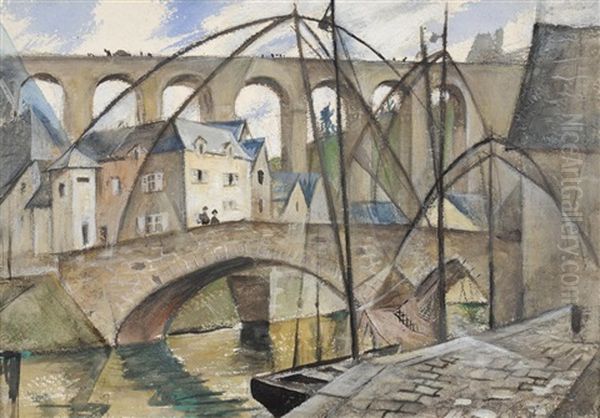 Eel Boats, Dinan Oil Painting by Christopher R. Wynne Nevinson