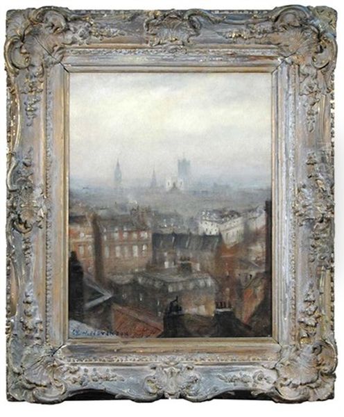 London Rooftops With The Houses Of Parliament In The Background Oil Painting by Christopher R. Wynne Nevinson