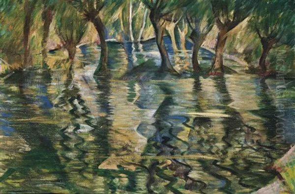 River Landscape; Picnic By The River (verso) Oil Painting by Christopher R. Wynne Nevinson
