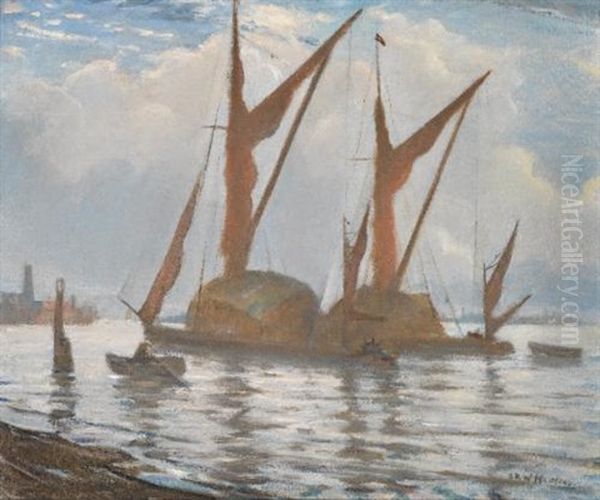 Barges In The Thames Oil Painting by Christopher R. Wynne Nevinson