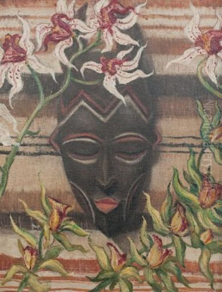 African Mask Oil Painting by Christopher R. Wynne Nevinson