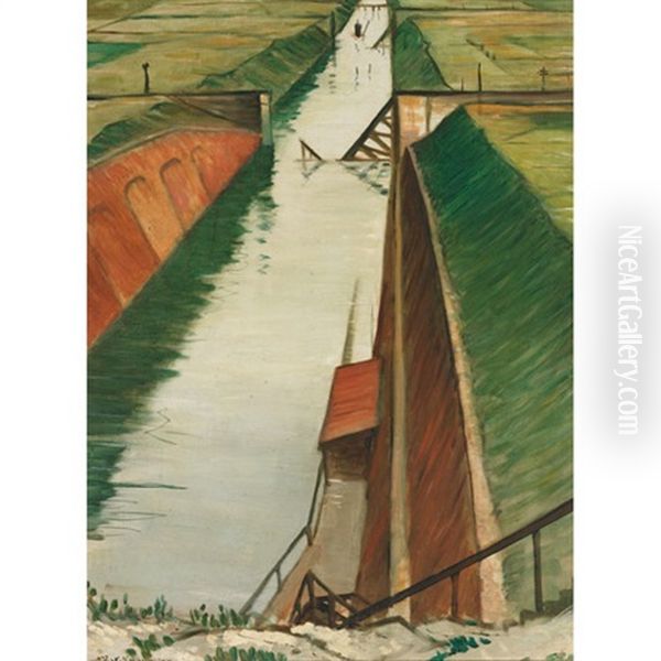 Canal And Fields Oil Painting by Christopher R. Wynne Nevinson