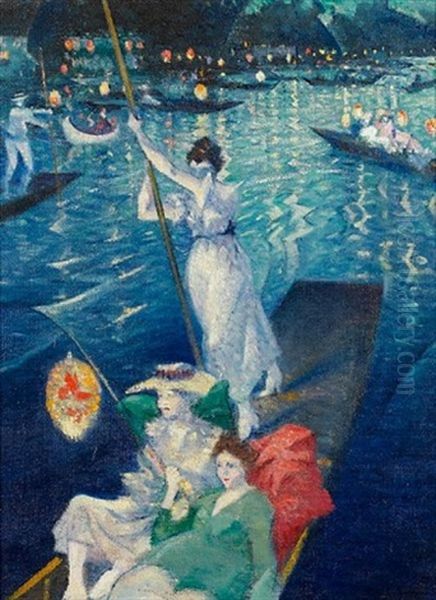 A Thames Regatta Oil Painting by Christopher R. Wynne Nevinson