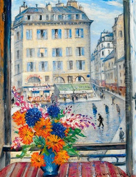 Autumn Bouquet, View From A Paris Window Oil Painting by Christopher R. Wynne Nevinson