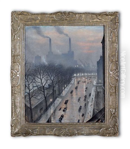 Battersea, Twilight Oil Painting by Christopher R. Wynne Nevinson