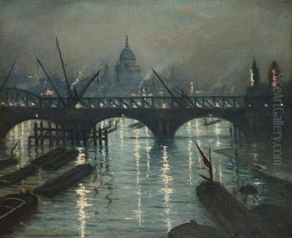 City Of London From Waterloo Bridge Oil Painting by Christopher R. Wynne Nevinson