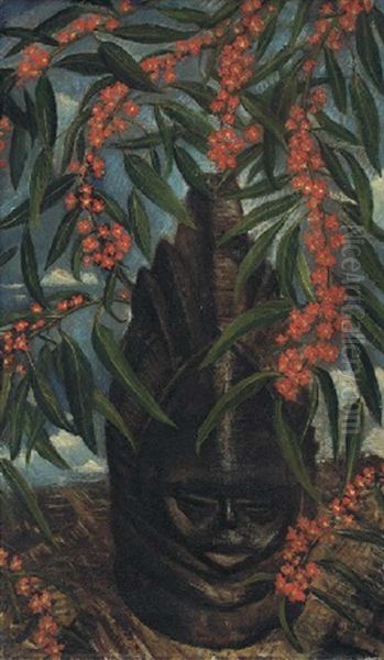 African Mask Oil Painting by Christopher R. Wynne Nevinson