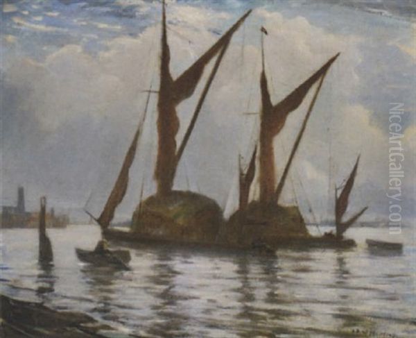 Barges On The Thames Oil Painting by Christopher R. Wynne Nevinson