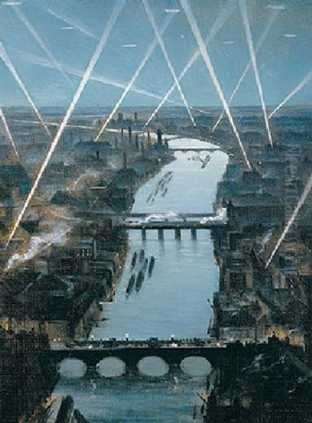 Among London Searchlights Oil Painting by Christopher R. Wynne Nevinson