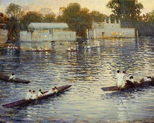 Sunday Evening, Punts On The Thames At Henley Oil Painting by Christopher R. Wynne Nevinson