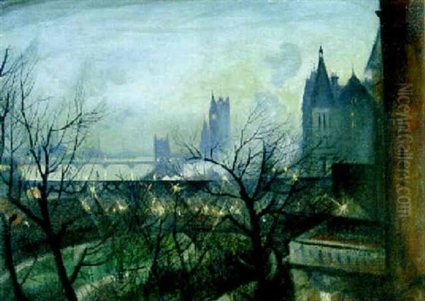 London Twilight; The Houses Of Parliament Fom The Adelphi Oil Painting by Christopher R. Wynne Nevinson