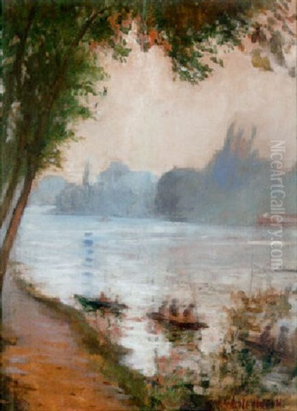 Fishermen On The Seine Oil Painting by Christopher R. Wynne Nevinson