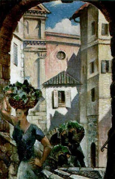 Roquebrune, Near Menton Oil Painting by Christopher R. Wynne Nevinson