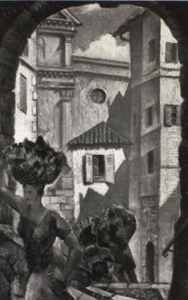 Roquebrune, Near Menton, South Of France Oil Painting by Christopher R. Wynne Nevinson