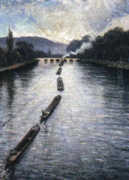 Barges At Biancourt Oil Painting by Christopher R. Wynne Nevinson