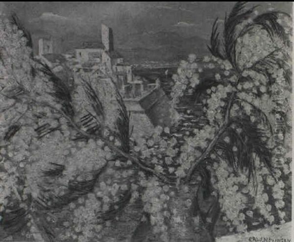 Still Life With Mimosa, South Of France Oil Painting by Christopher R. Wynne Nevinson