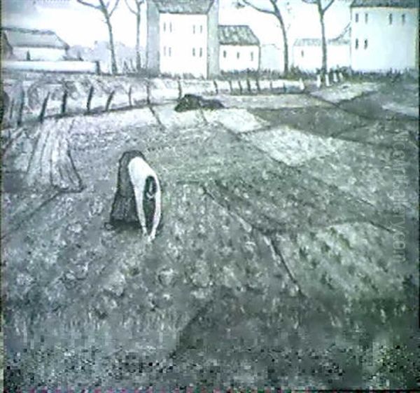 St. Ouen - Women Gardening Oil Painting by Christopher R. Wynne Nevinson