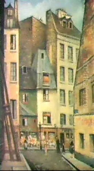 A French Street Scene Oil Painting by Christopher R. Wynne Nevinson