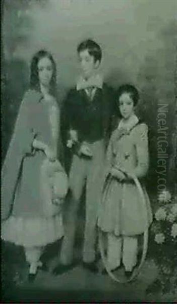 Gruppenbild Zweier Knaben Und Eines Madchens In Lila Umhang In Einer Gartenlandschaft Oil Painting by Richard Newton II