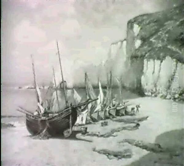 Fishing Boats At Shore Oil Painting by Richard Newton II