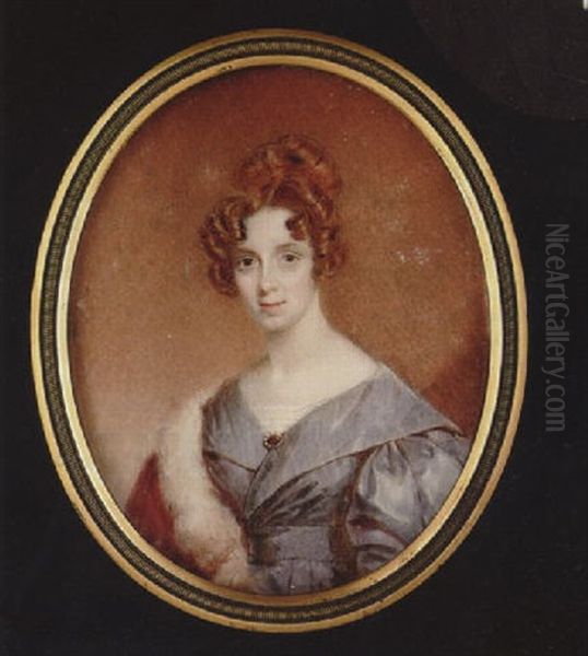 A Lady Wearing Decollete Blue Dress, White Underslip And A Brooch, A Fur Trimmed Red Cloak Over Her Shoulder Oil Painting by William John (Sir) Newton