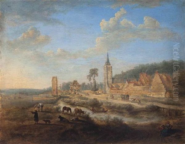 A River Landscape With A Huntsman, Kettle, Travellers And A Town Beyond Oil Painting by Gillis Neyts