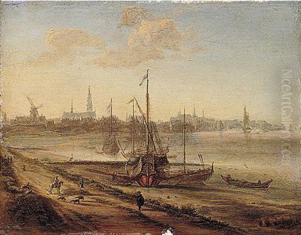 The Estuary Of The Schelde With A Mediterranean Galley Beached, And A Distant View Of Antwerp Oil Painting by Gillis Neyts