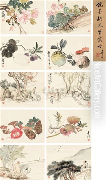 Birds, Flowers And Figures (set Of 12) Oil Painting by Ni Tian