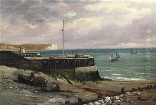 Newhaven Pier And Seaford Bay, The Proposed Site For A Harbour Of Refuge Oil Painting by Richard Henry Nibbs