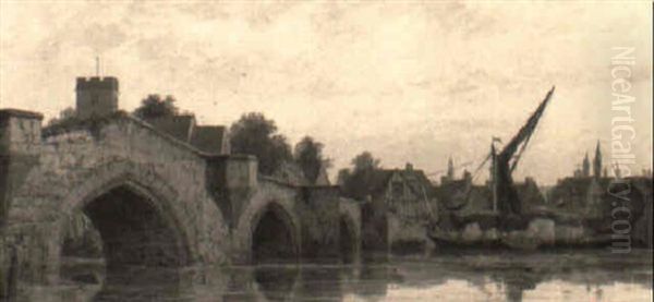 A Stone Bridge Over A River Oil Painting by Richard Henry Nibbs
