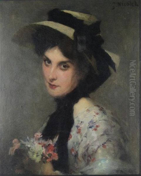 Portrait Of A Lady, Wearing A Bonnet, Holding Flowers Oil Painting by Gabriel Nicolet