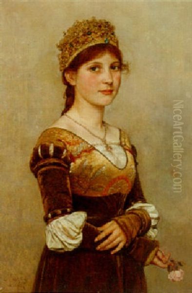 Portrait Of A Lady Wearing A Crown And Medieval Dress Oil Painting by Eduard Niczky