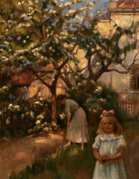 Kvinne Og Pike I Haven Oil Painting by Eivind Nielsen